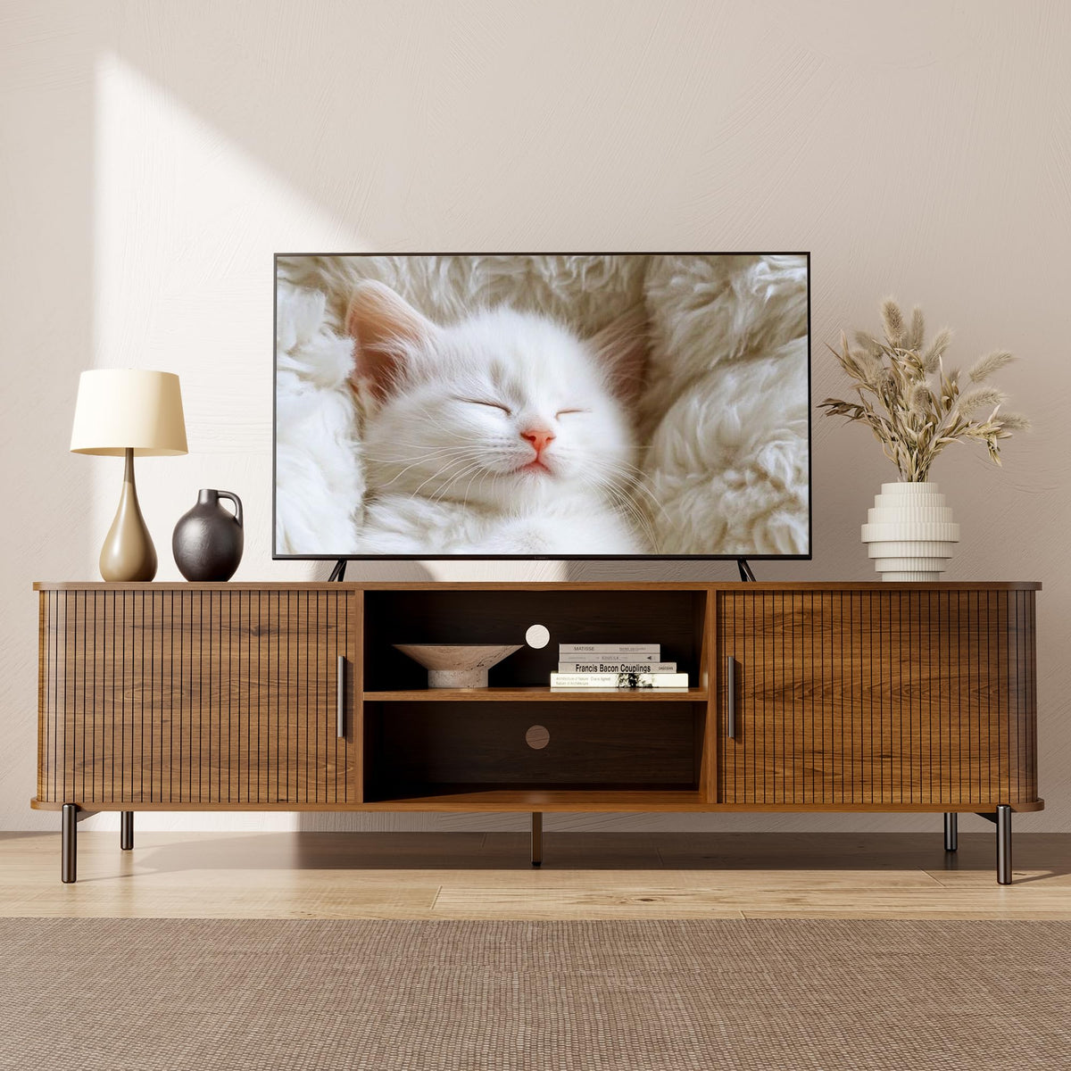 SUNCOZE 70" Mid-Century Fluted TV Stand with Storage up to 80 Inch, Walnut