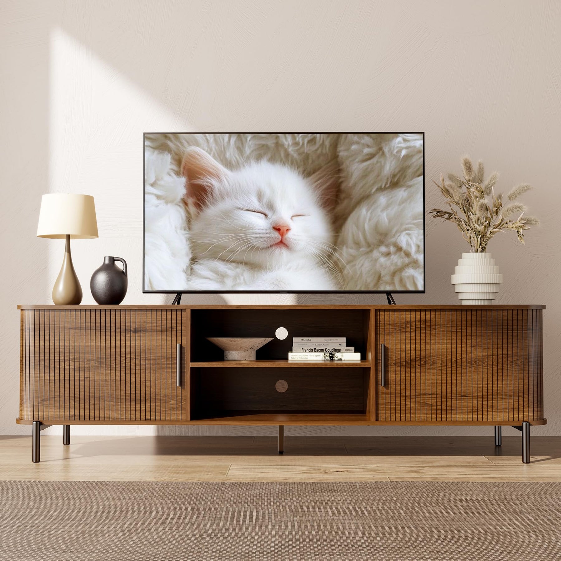 SUNCOZE 70" Mid-Century Fluted TV Stand with Storage up to 80 Inch, Walnut