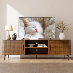 SUNCOZE 70" Mid-Century Fluted TV Stand with Storage up to 80 Inch, Walnut