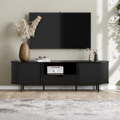 DHH 86.6" Fluted TV Stand with Power Outlet for TVs up to 90", TV Console with Adjustable Shelves and Sliding Door,Mid Century Modern Entertainment Center for Living Room,Bedroom (Walnut)