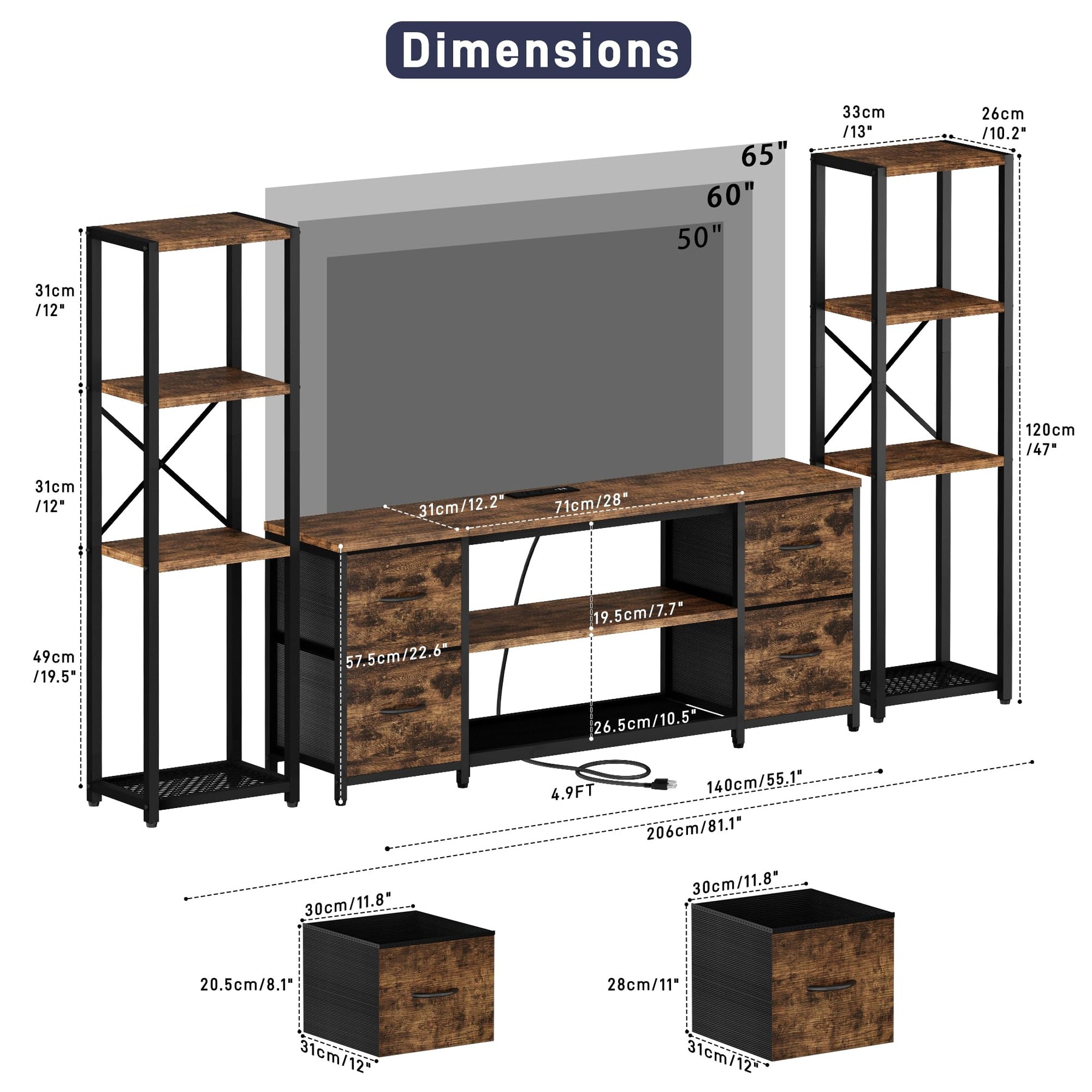 LED TV Stand Entertainment Center Bookshelf Combo with Charging Station