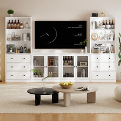 TUSY 71" Large TV Stand Set - TV Entertainment Center for TVs up to 65", Media Center with Tempered Glass Doors and Drawer, TV Hutch with Bookshelves for Living Room (White, BDDB)