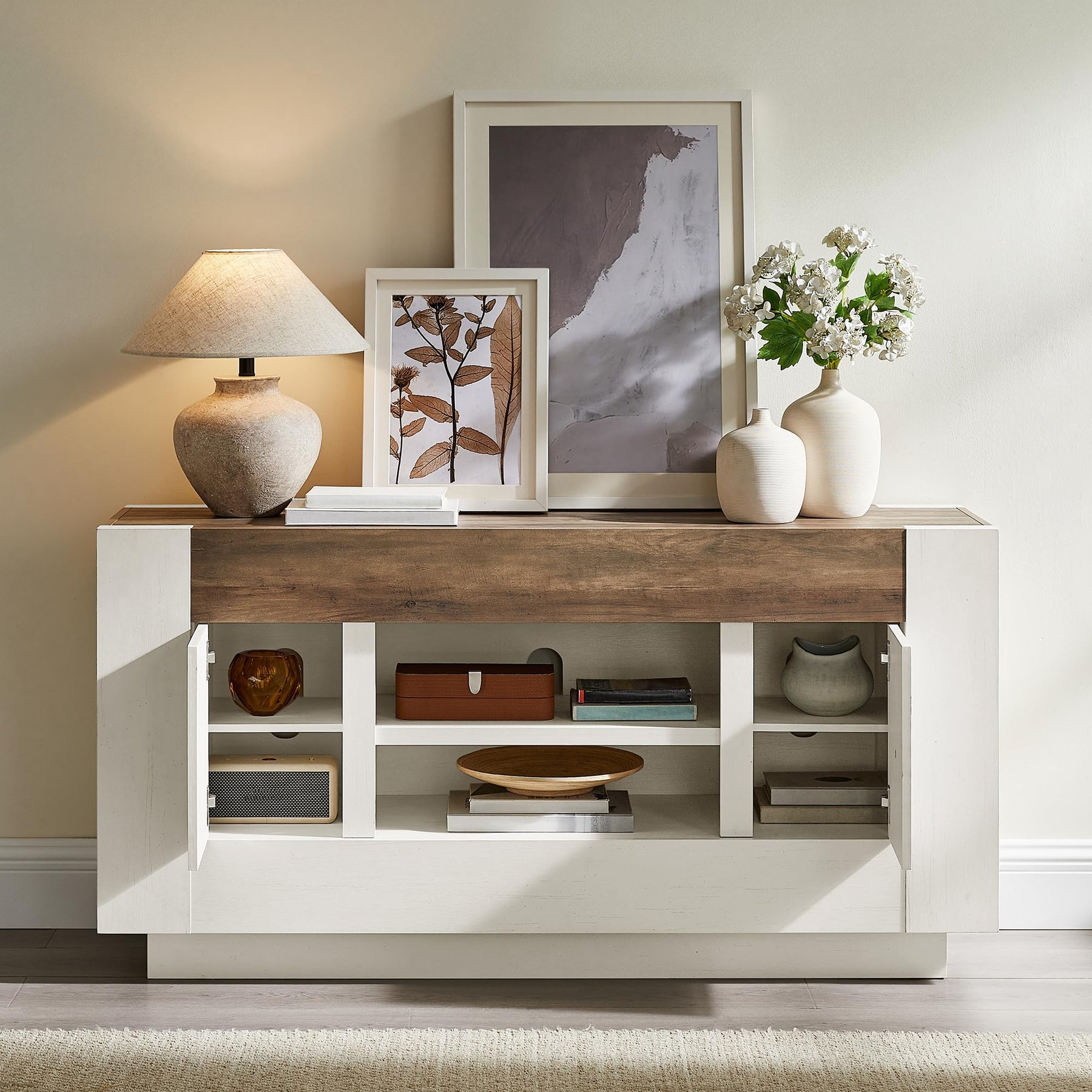 OKD 70" TV Stand for 80" TV, Thick Block Media Console, Antique White