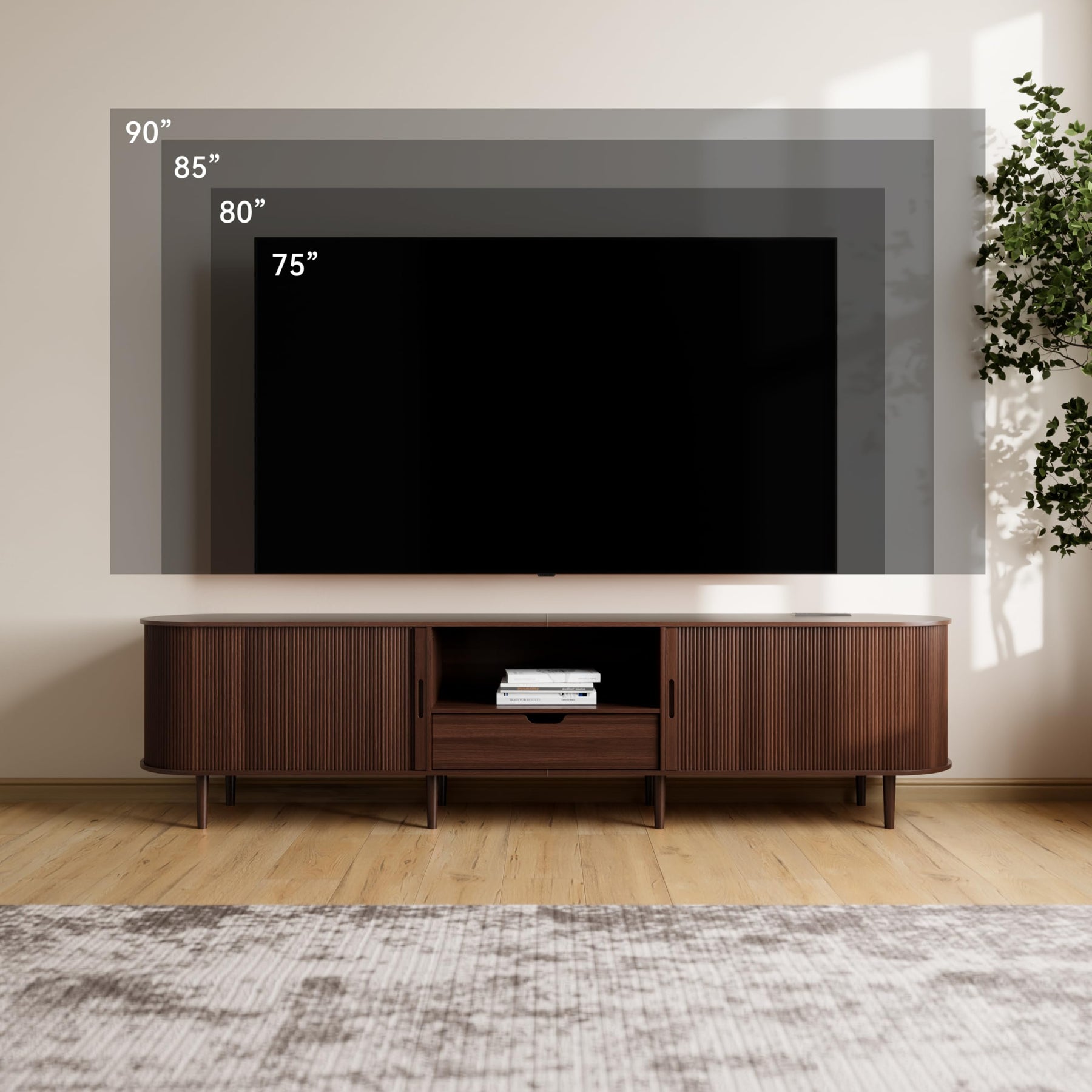 DHH 86.6" Fluted TV Stand with Power Outlet for TVs up to 90", TV Console with Adjustable Shelves and Sliding Door,Mid Century Modern Entertainment Center for Living Room,Bedroom (Walnut)