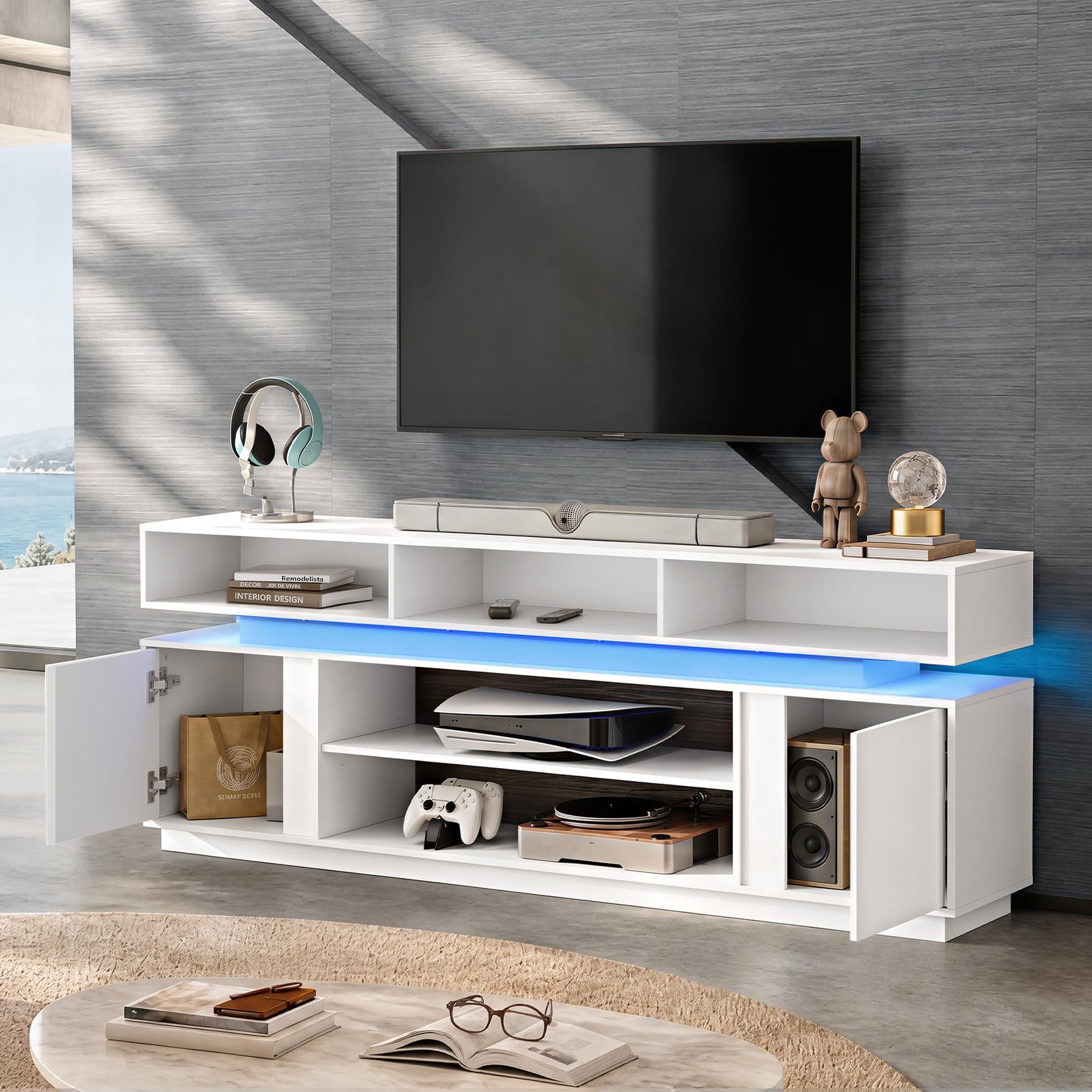 WLIVE Modern TV Stand for 75 Inch TV, 2 Tier Entertainment Center with RGB LED Lights & Storage Cabinets, Media TV Console Gaming Television Stands for Living Room, Bedroom, Black