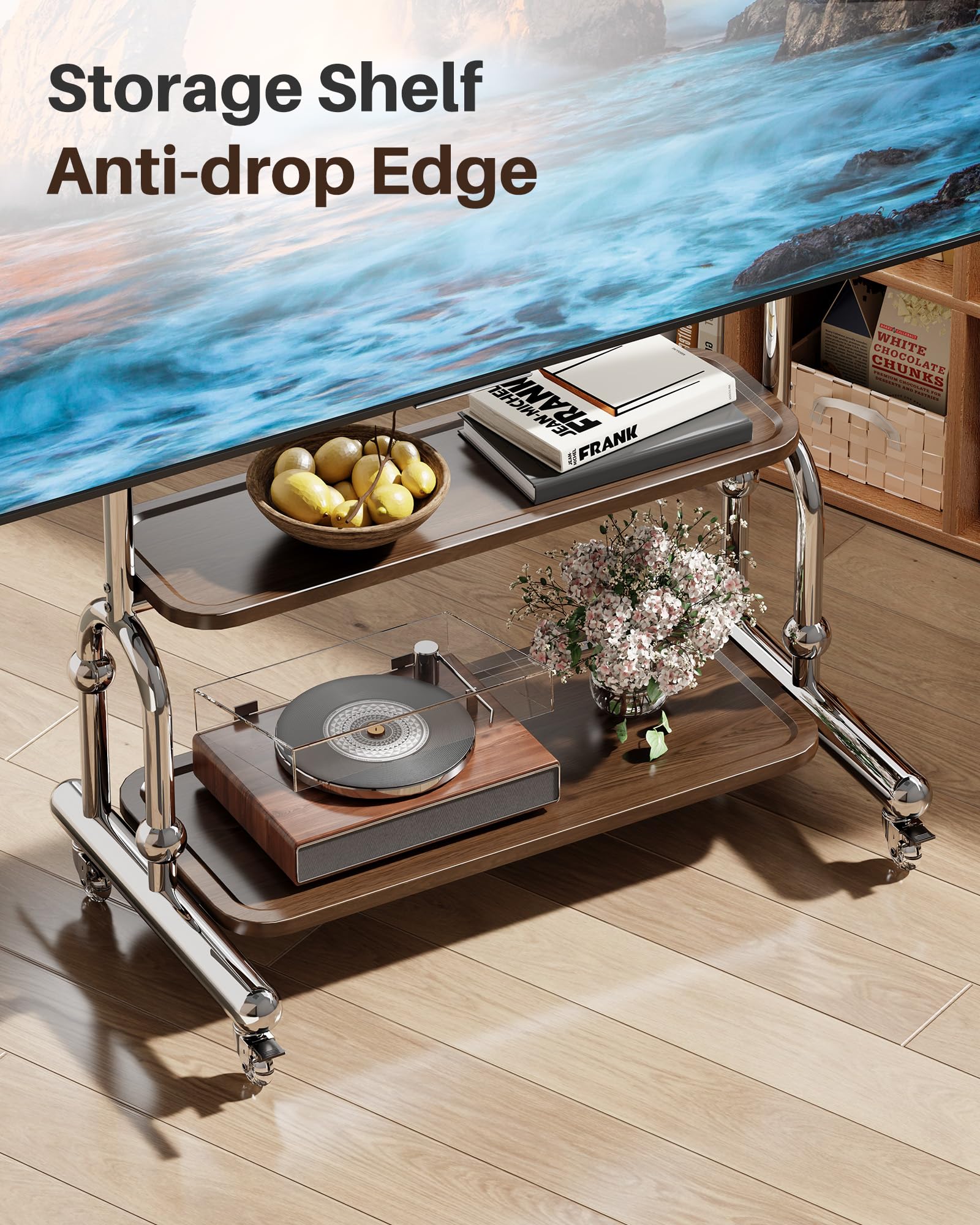 Stainless Steel Rolling TV Stand for 32 to 75 Inch TVs with Dual Shelves