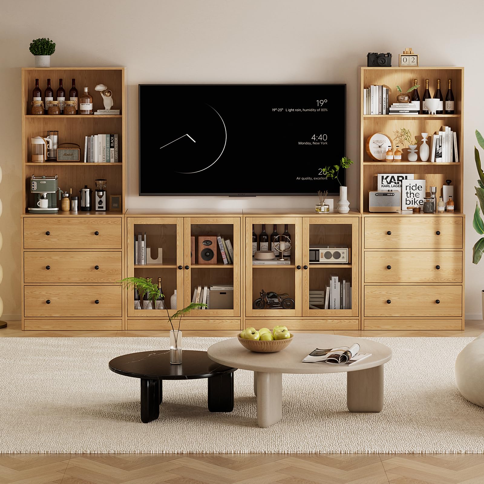 TUSY 71" Large TV Stand Set - TV Entertainment Center for TVs up to 65", Media Center with Tempered Glass Doors and Drawer, TV Hutch with Bookshelves for Living Room (White, BDDB)