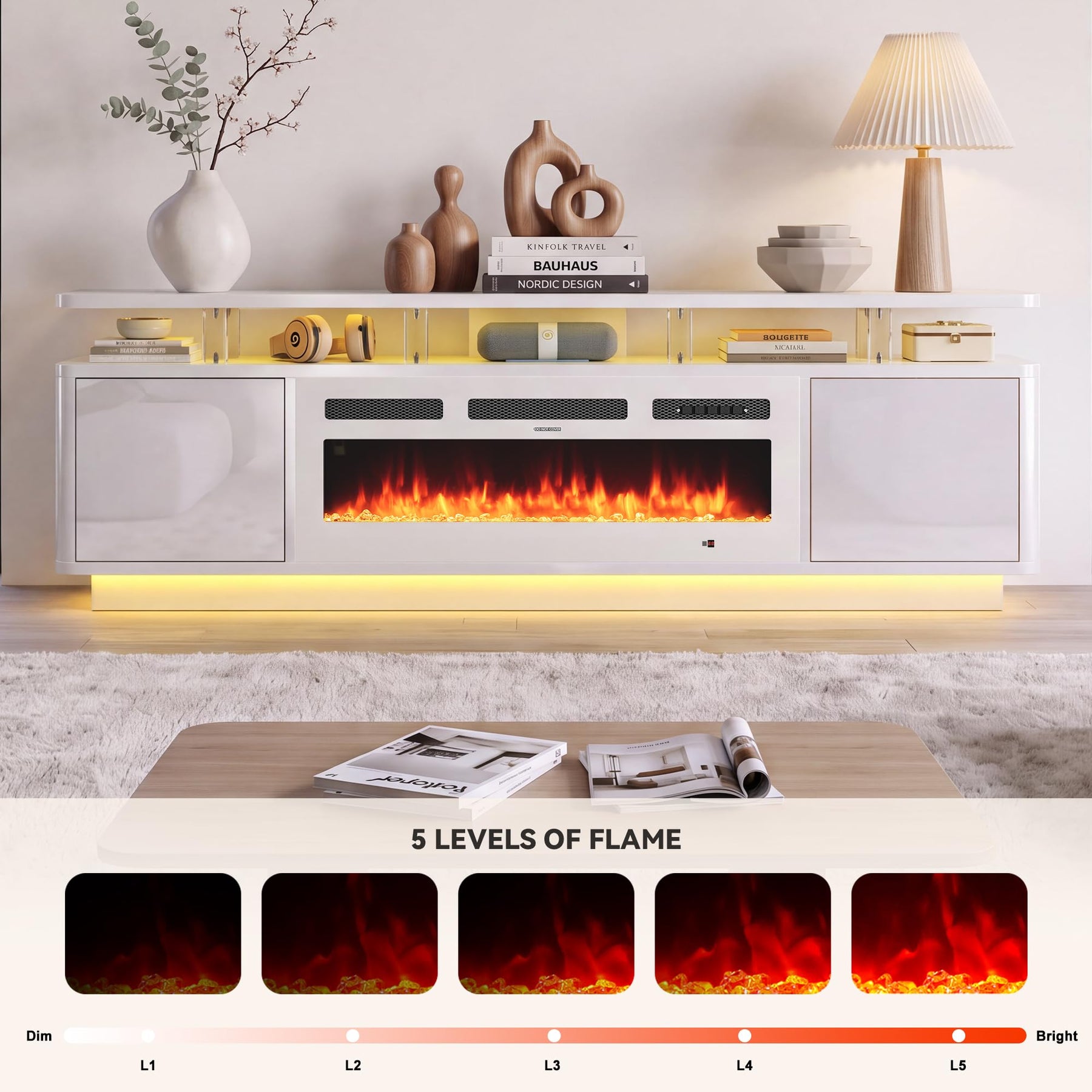 OneBlis 70" Fireplace TV Stand with Double LED Lights for TVs UP to 80", Electric Fireplace Entertainment Center with Storage Cabinets, TV Console for Living Room, Office, Black1