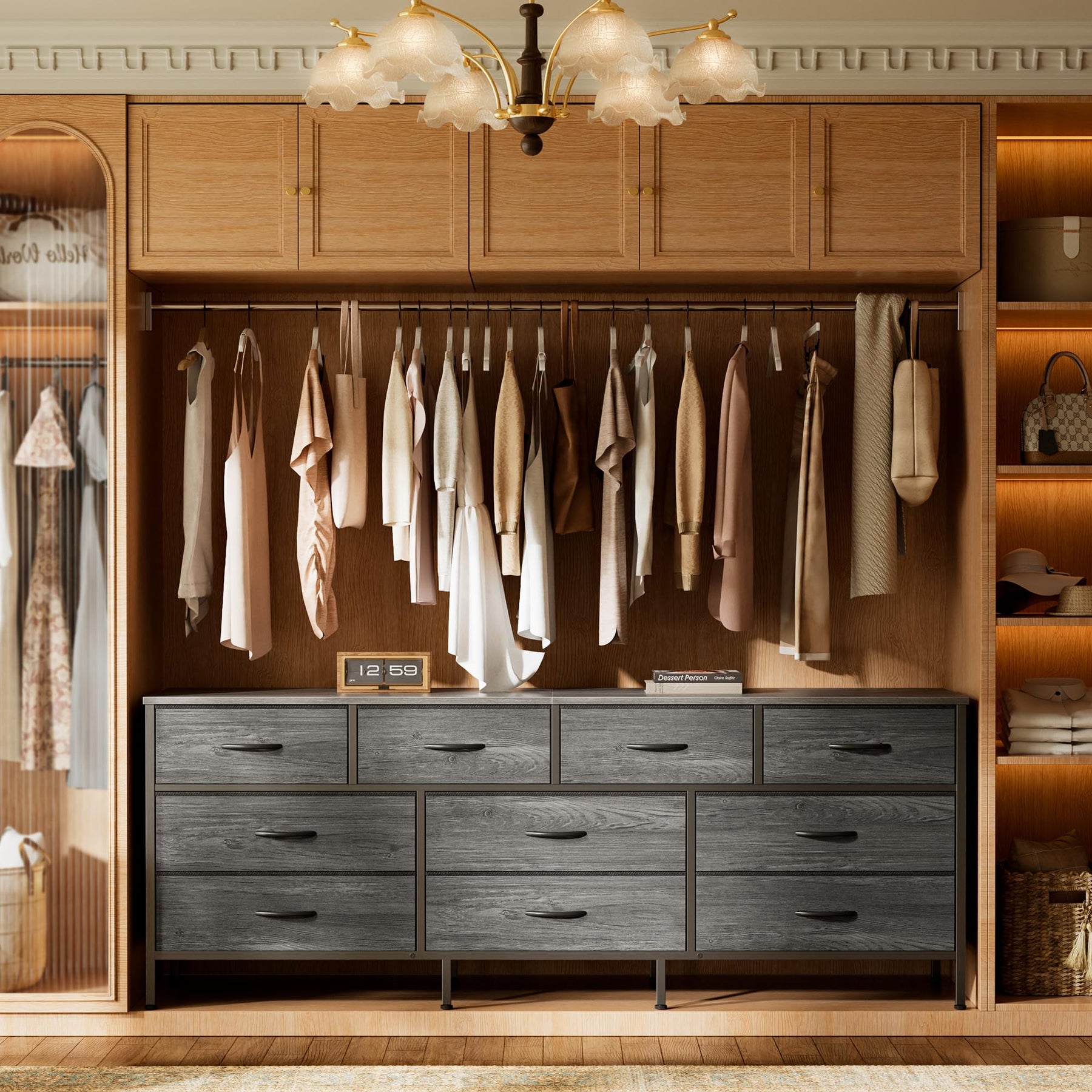Huuger 63 Inch Dresser for Bedroom, Long Dresser with 10 Fabric Drawers, TV Stand for 55, 65, 70 Inch TV, Toy Storage Organizer for Closet, Rustic Brown