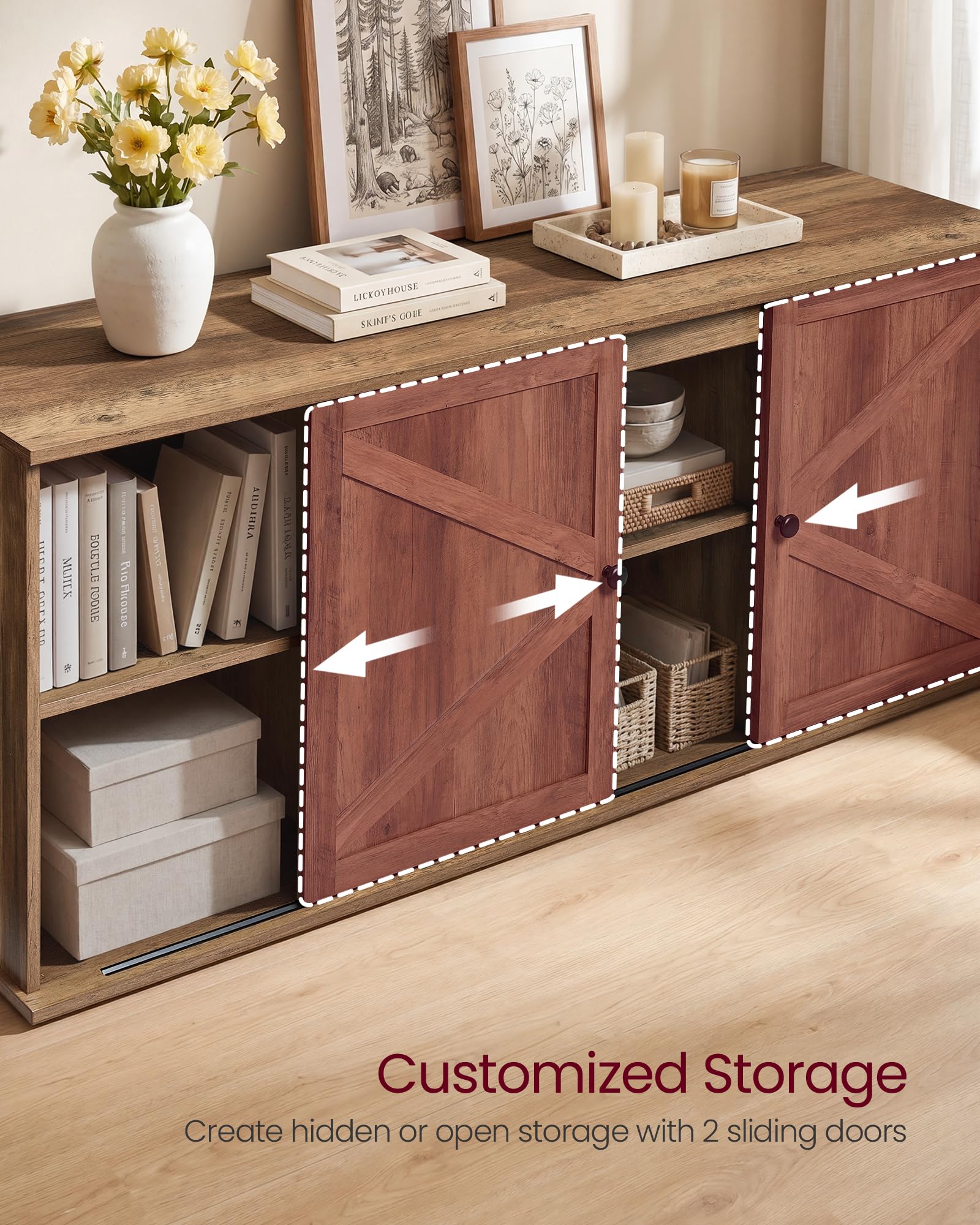 VASAGLE Farmhouse TV Stand for TVs up to 65 Inches, Entertainment Center with Storage Cabinets and Sliding Barn Doors, Media Console Table for Living Room, Honey Brown ULTV535K101