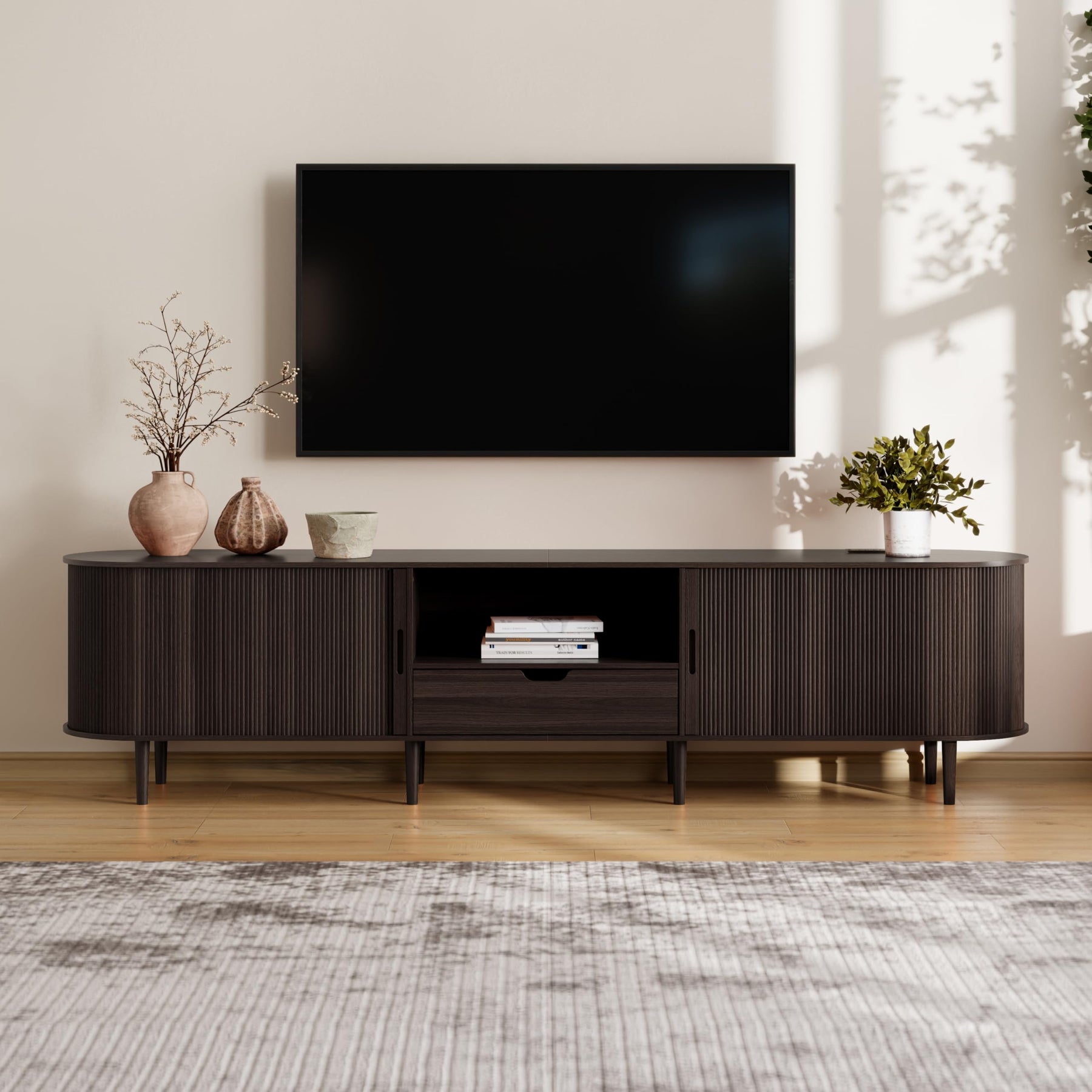 DHH 86.6" Fluted TV Stand with Power Outlet for TVs up to 90", TV Console with Adjustable Shelves and Sliding Door,Mid Century Modern Entertainment Center for Living Room,Bedroom (Walnut)
