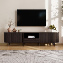 DHH 86.6" Fluted TV Stand with Power Outlet for TVs up to 90", TV Console with Adjustable Shelves and Sliding Door,Mid Century Modern Entertainment Center for Living Room,Bedroom (Walnut)