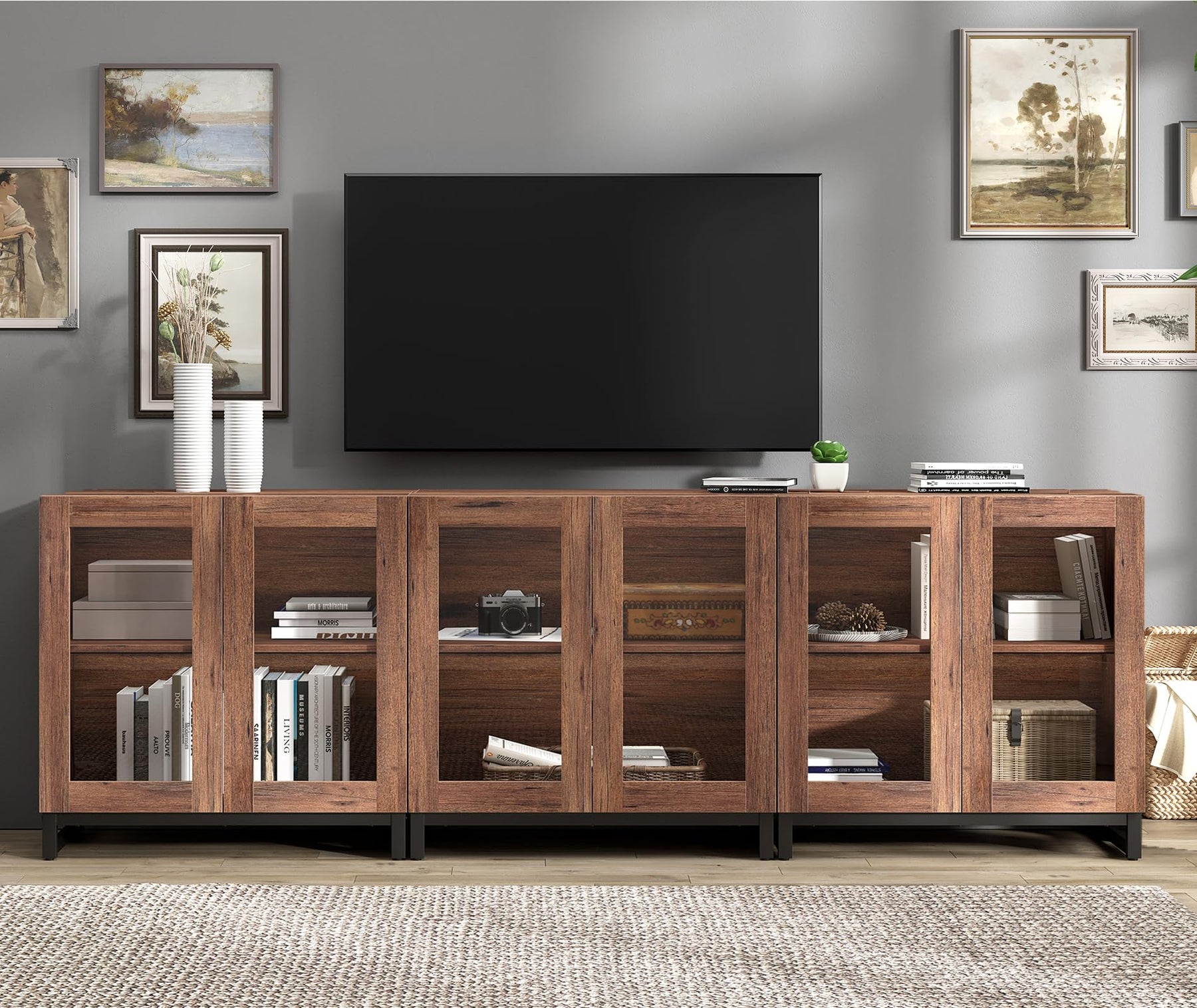 WAMPAT Modern TV Stand with Glass Doors for 80-120 inch TVs, 4 in 1 Entertainment Center Console with 4 Drawers and Metal Base for Living Room, Bedroom, Brown