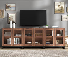 WAMPAT Modern TV Stand with Glass Doors for 80-120 inch TVs, 4 in 1 Entertainment Center Console with 4 Drawers and Metal Base for Living Room, Bedroom, Brown