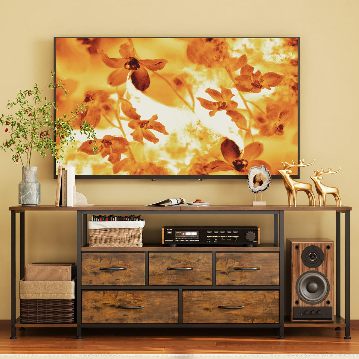 Welfuturer TV Stand for TVs Up to 75 Inch, Rustic Brown