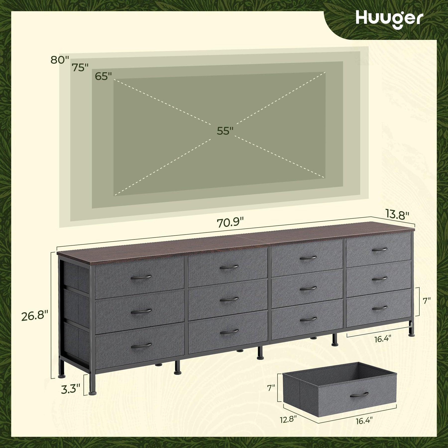 Huuger 70 Inch Dresser for Bedroom, TV Stand for 65, 75, 80 Inch TV, 12 Fabric Drawer Long Dresser, Large Entertainment Center for Bedroom, Wide Chest of Drawer with Storage, Rustic Brown