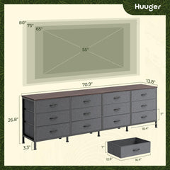 Huuger 70 Inch Dresser for Bedroom, TV Stand for 65, 75, 80 Inch TV, 12 Fabric Drawer Long Dresser, Large Entertainment Center for Bedroom, Wide Chest of Drawer with Storage, Rustic Brown