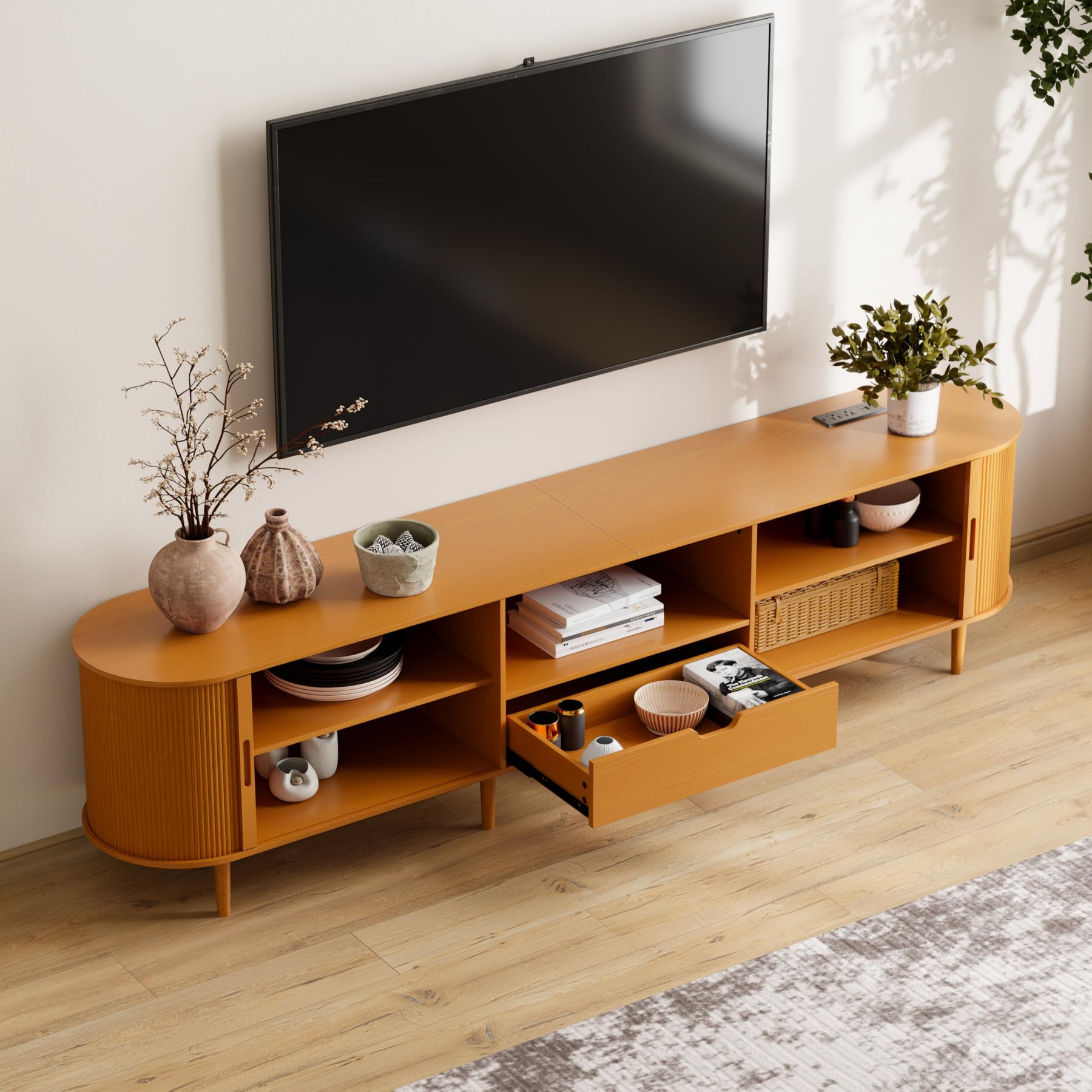 DHH 86.6" Fluted TV Stand with Power Outlet for TVs up to 90", TV Console with Adjustable Shelves and Sliding Door,Mid Century Modern Entertainment Center for Living Room,Bedroom (Walnut)
