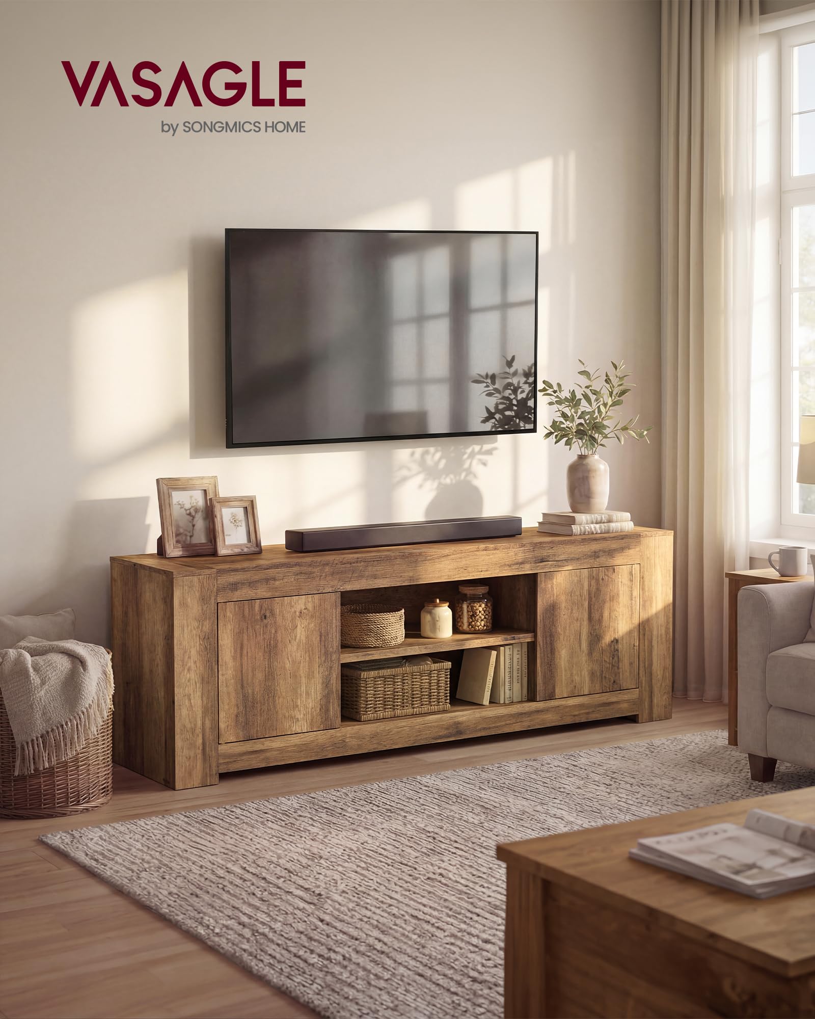 VASAGLE TV Stand, Farmhouse Entertainment Center with Storage Cabinets