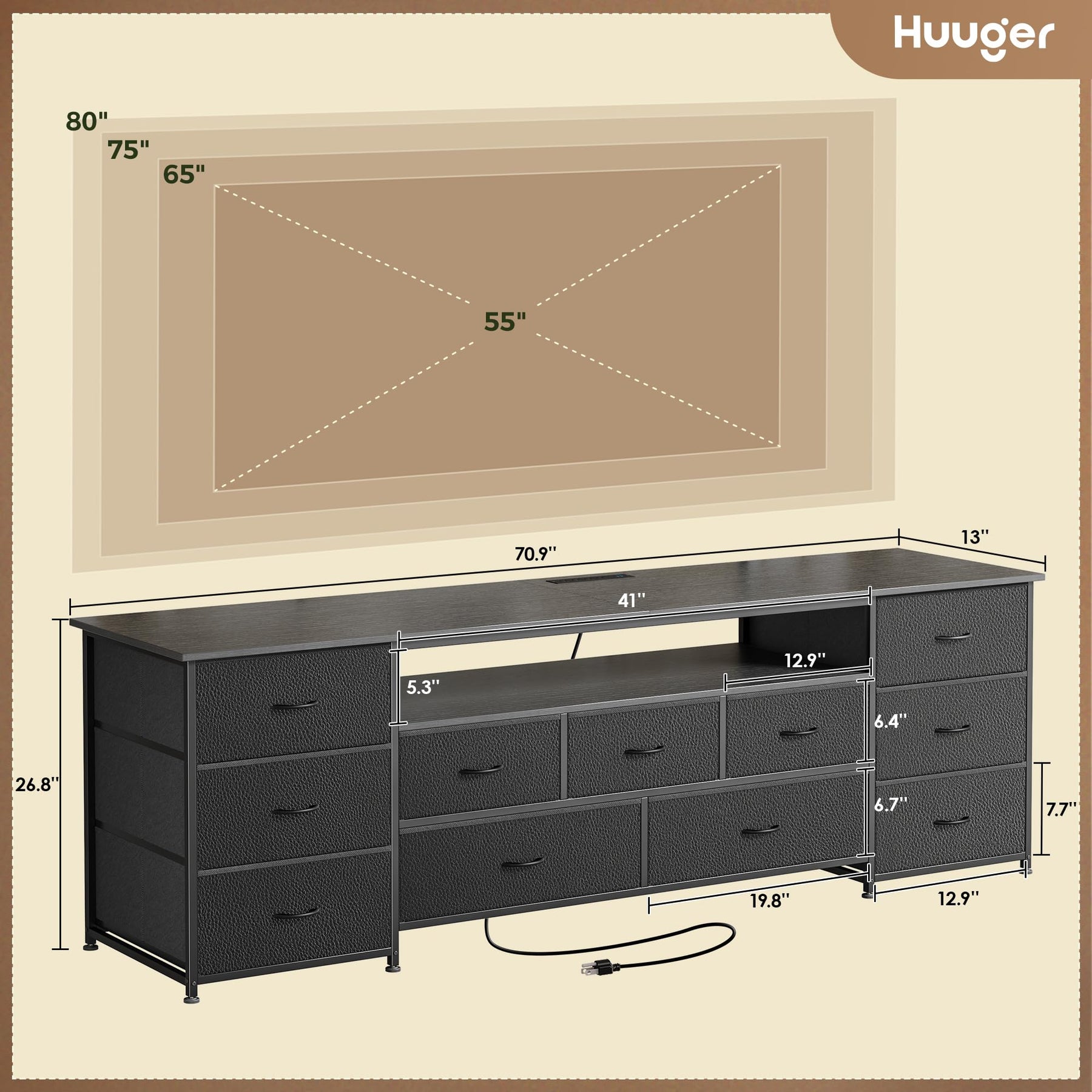 Huuger 63 Inch TV Stand for 65, 70 Inch TV, 11 Drawer Long Dresser with Power Outlets and LED Lights, Entertainment Center with Storage, Black Dresser with PU Leather Surface