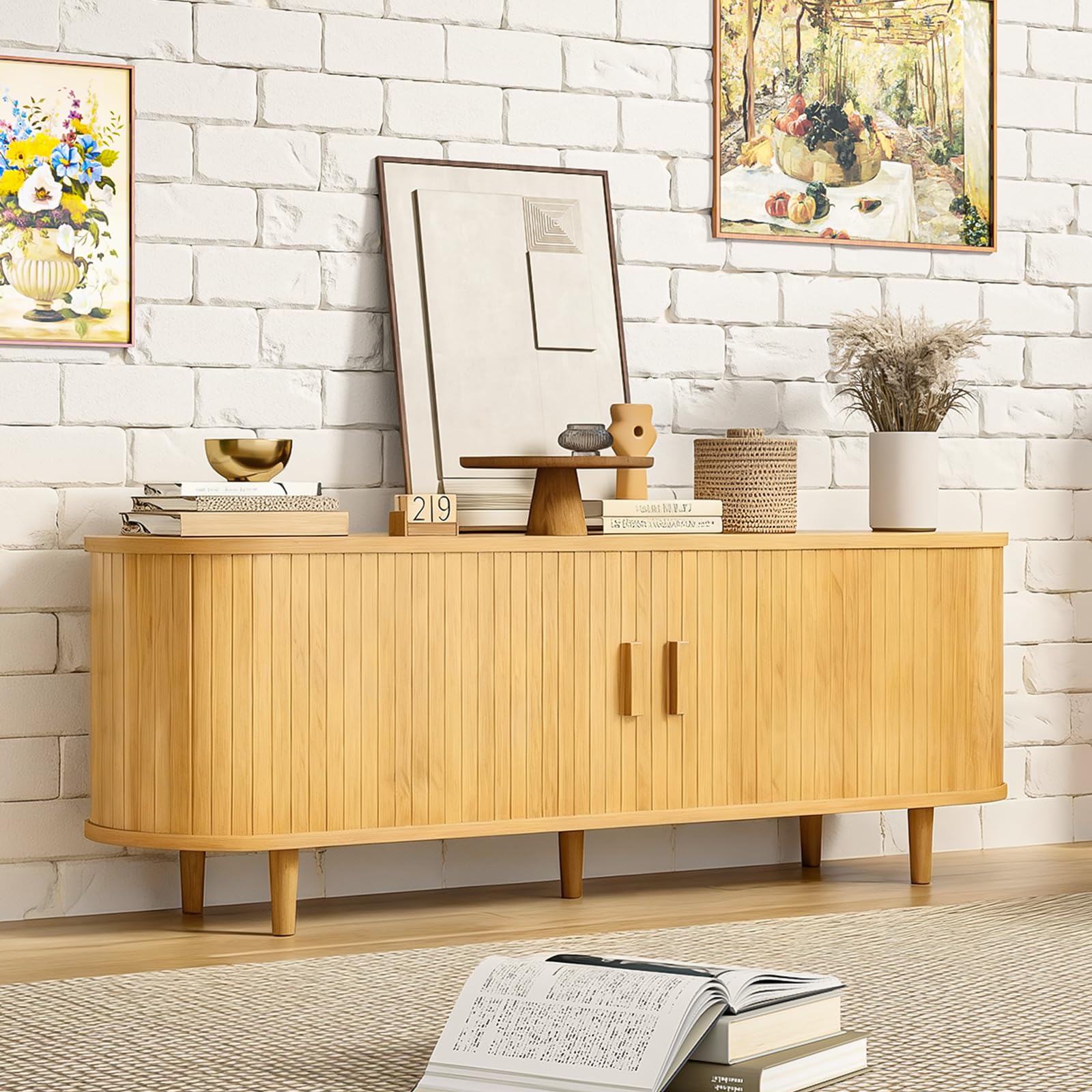 OneBlis 70" Mid Century Modern TV Stand, Wood TV Consoles with Sliding Doors and Power Outlet, Entertainment Center with Adjustable Shelves, Fluted TV Stands for Living Room, Walnut