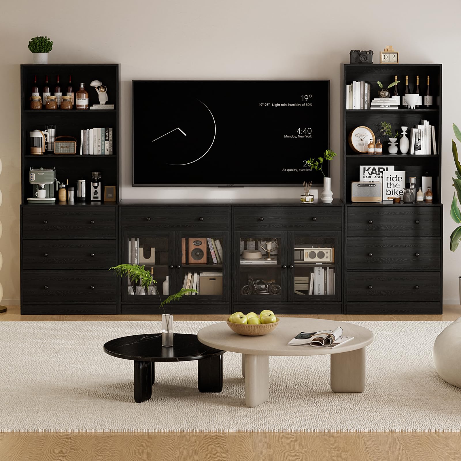 TUSY 71" Large TV Stand Set - TV Entertainment Center for TVs up to 65", Media Center with Tempered Glass Doors and Drawer, TV Hutch with Bookshelves for Living Room (White, BDDB)