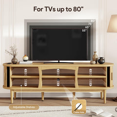Decofy Mid Century TV Stand for TVs up to 80 Inches, Entertainment Center with Storage, Power Outlet, Fluted Sliding Doors & Adjustable Shelves, Modern Media TV Console Table for Living Room (Walnut)