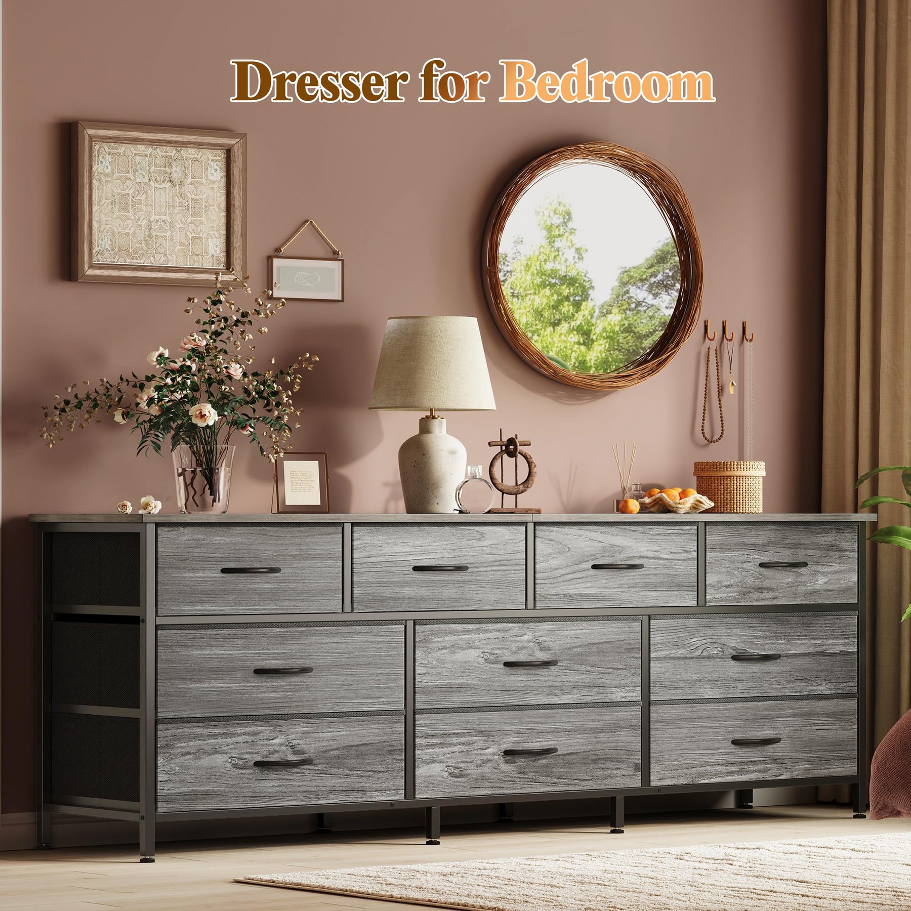 Huuger 63 Inch Dresser for Bedroom, Long Dresser with 10 Fabric Drawers, TV Stand for 55, 65, 70 Inch TV, Toy Storage Organizer for Closet, Rustic Brown