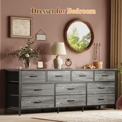 Huuger 63 Inch Dresser for Bedroom, Long Dresser with 10 Fabric Drawers, TV Stand for 55, 65, 70 Inch TV, Toy Storage Organizer for Closet, Rustic Brown