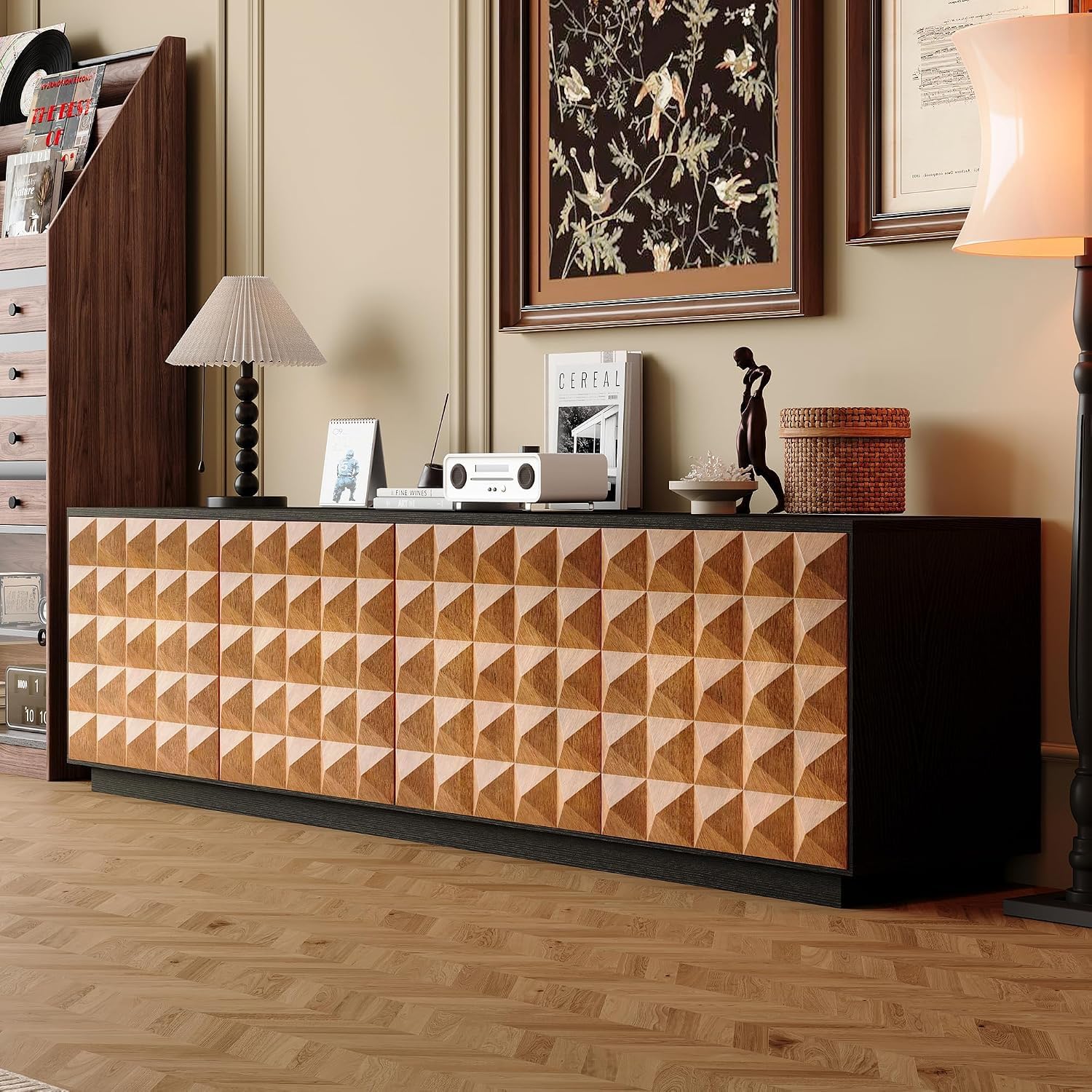 Upwivkre 85 Inch Mid-Century Modern TV Stand, Black Walnut Entertainment Center with Diamond Pattern Doors, Storage Cabinets & Media Console for Living Room