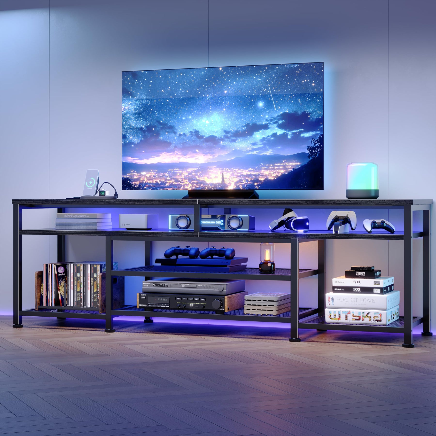 Furologee TV Stand with Power Outlets and LED Lights, 63 Inch Entertainment Center for 60 65 70 Inch TVs, Media Console Table with Open Shelves, for Bedroom, Living Room, Black