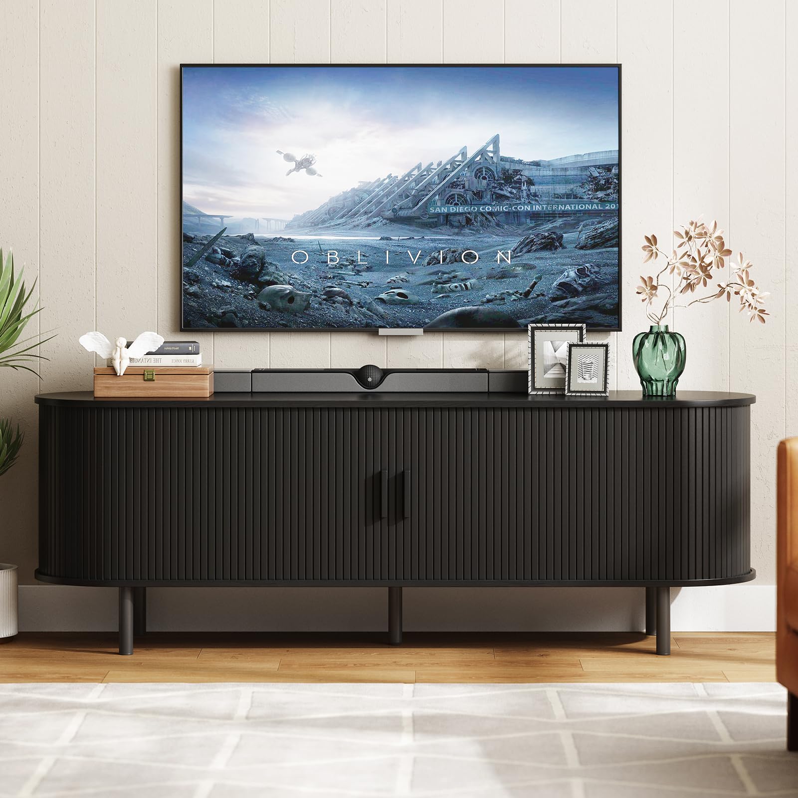 ONBRILL 70.8" TV Stand with Power Outlet for TVs up to 75 Inch, Entertainment Center with Storage and Adjustable Shelves, Modern Media Console with Sliding Doors for Living Room, Walnut