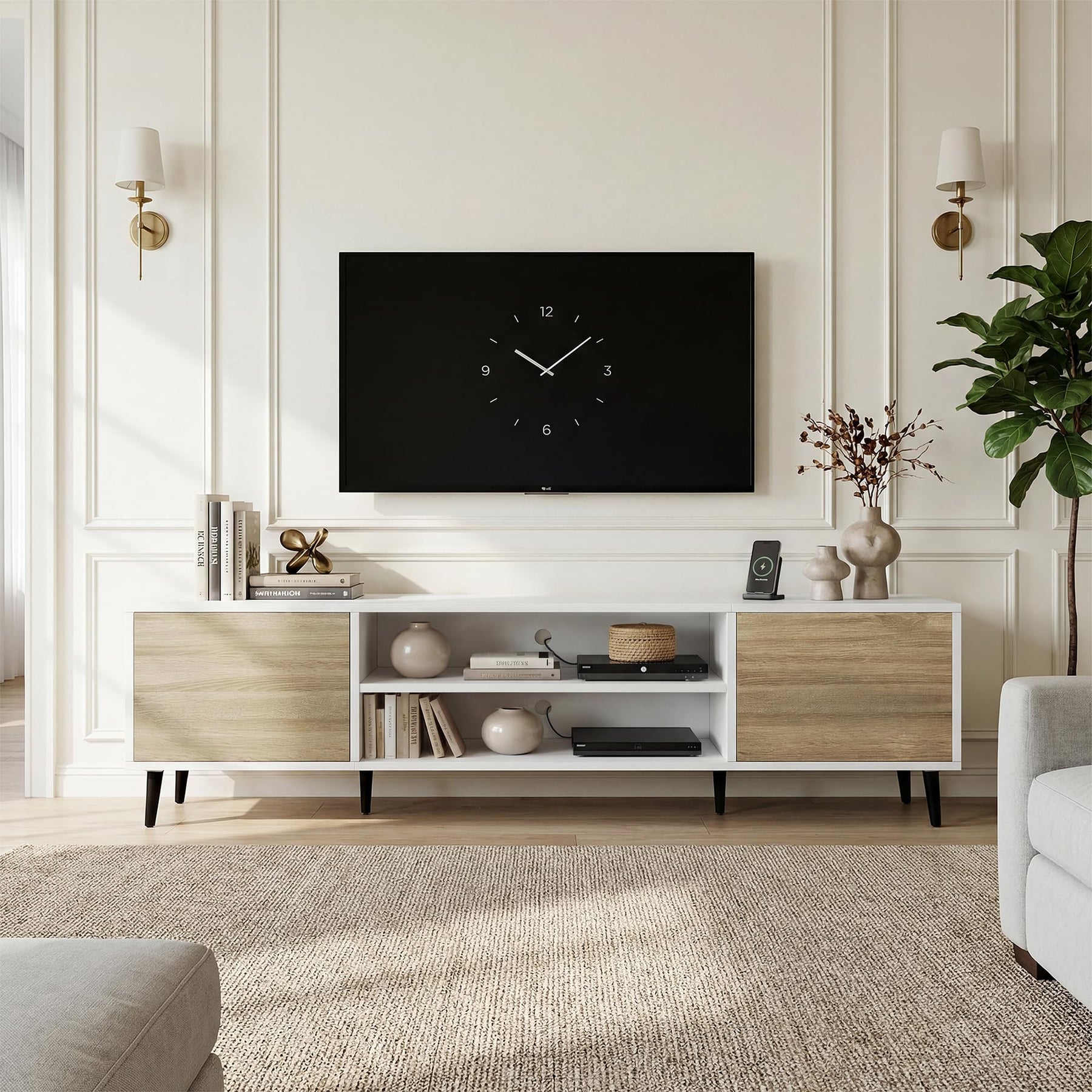 YESHOMY Mid-Century Modern TV Stand, 58 Inch, Light Grey