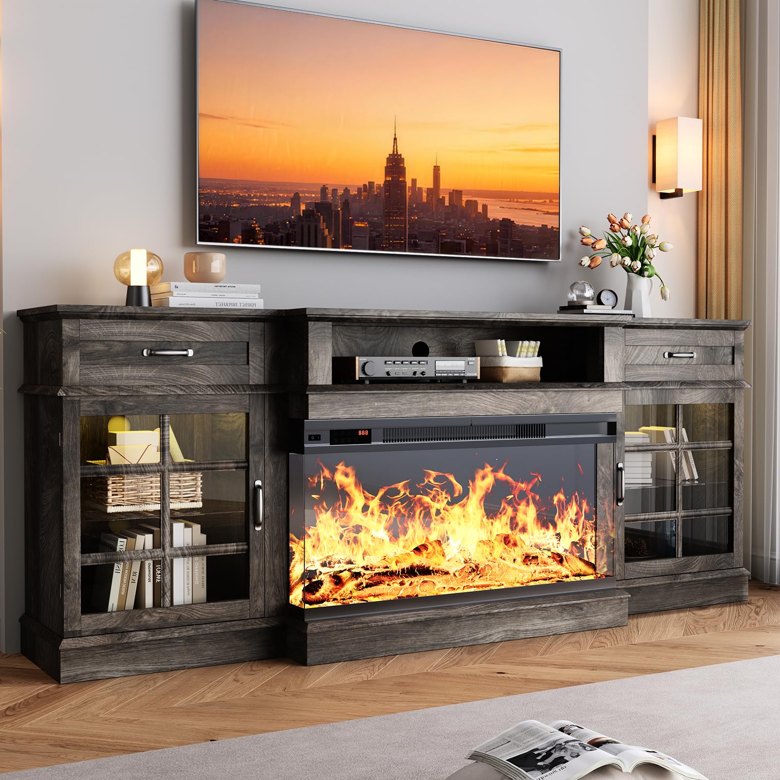 MXV 70" Fireplace TV Stand, 3-Sided Glass Fireplace and Modern Entertainment Center, Wooden Media Console with Glass Doors & Storage Drawers, LED Light, for Living Room, Antique White