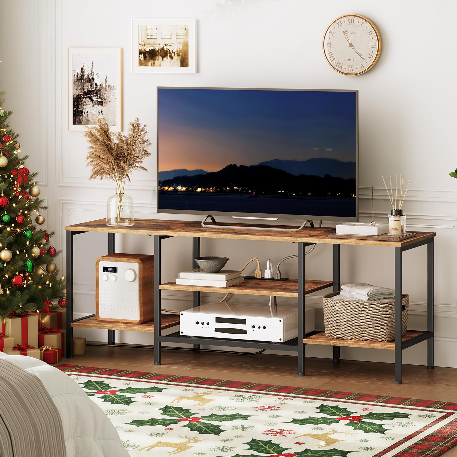 HOOBRO TV Stand with Power Outlets to 75 Inches, TV Console Table with Open Storage Shelves Cabinet, Industrial Media Entertainment Center for Living Room Bedroom, Rustic Brown and Black BF80DS01