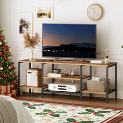 HOOBRO TV Stand with Power Outlets to 75 Inches, TV Console Table with Open Storage Shelves Cabinet, Industrial Media Entertainment Center for Living Room Bedroom, Rustic Brown and Black BF80DS01
