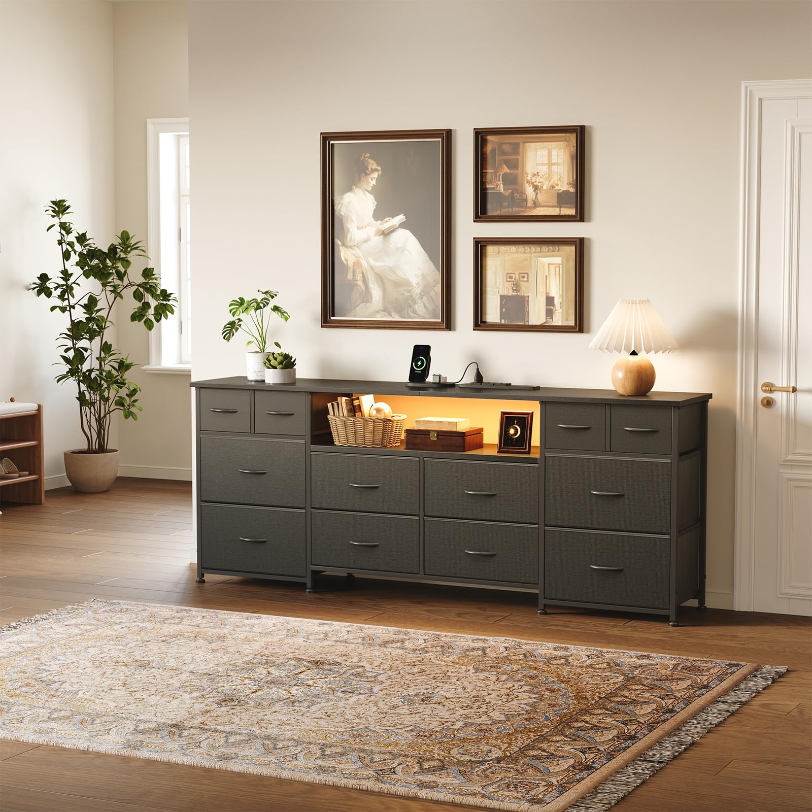 VERMESS 63 Inch 12 Drawers Long Dresser for Bedroom, Chest of Drawers, TV Stand with LED & Power Outlets, Entertainment Center with Storage Shelves, TV Unit for Living Room, for 65, 70 Inch TV, Black