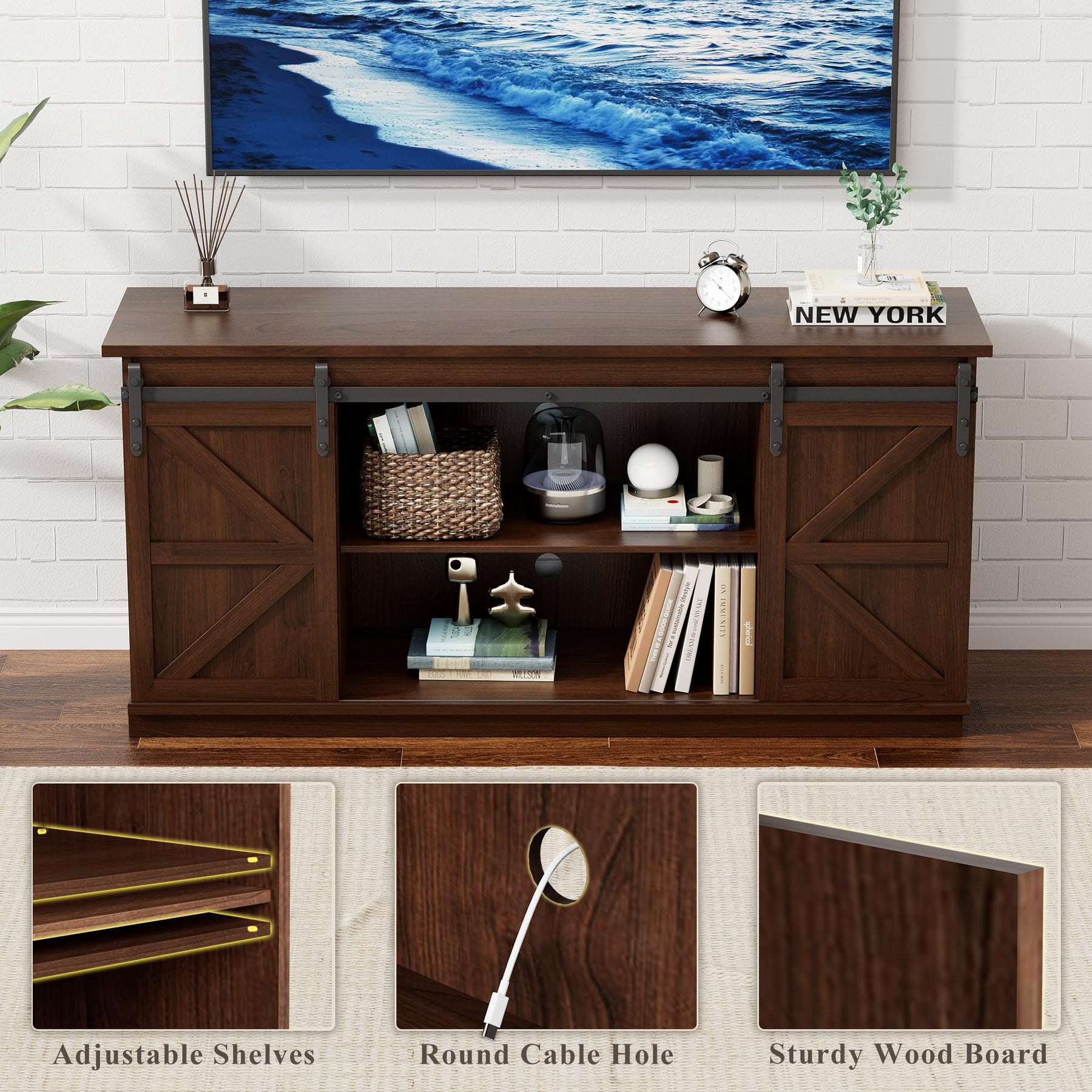 YESHOMY 58" Farmhouse TV Stand for TVs up to 65", Sliding Barn Doors, White