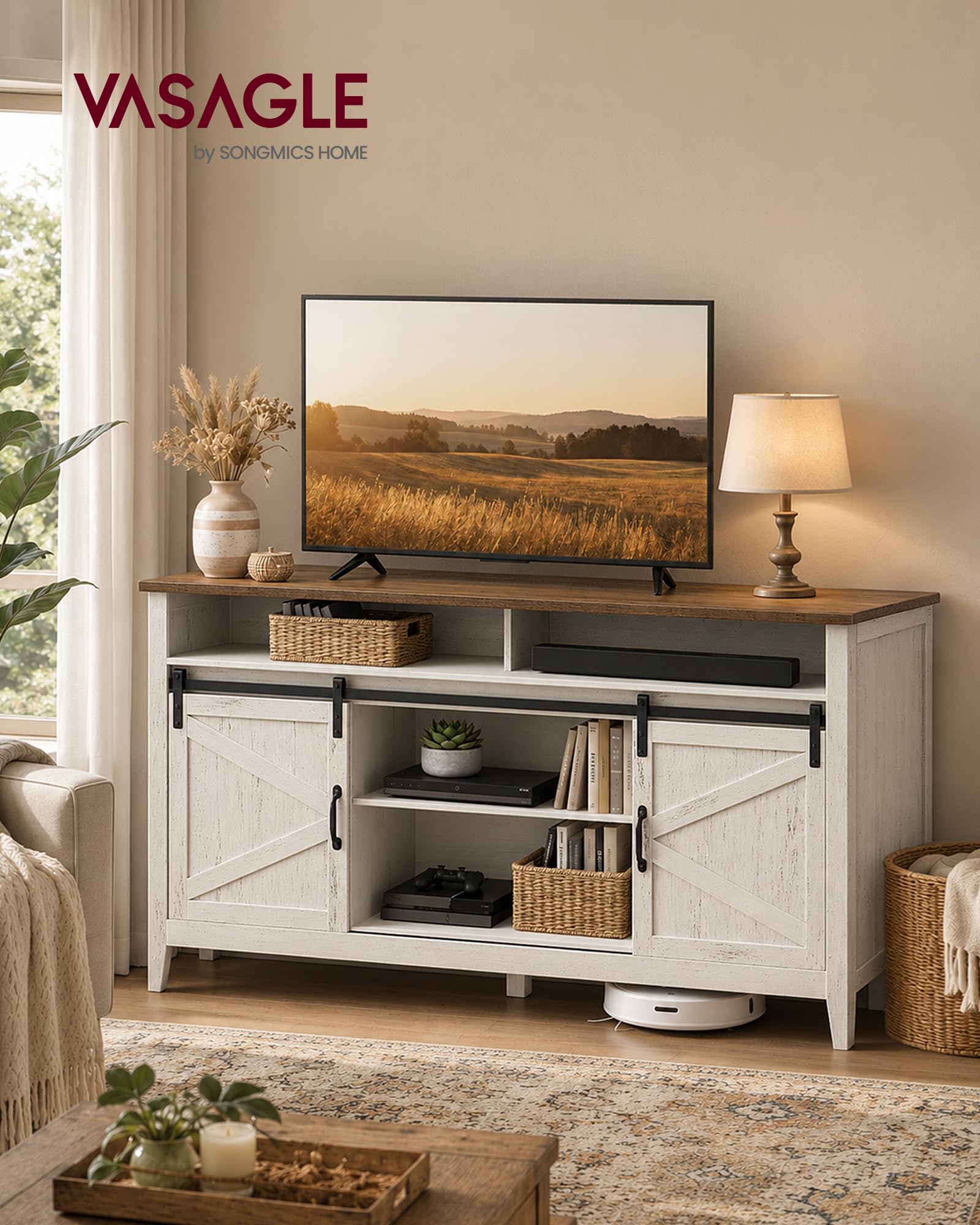 VASAGLE Tall Farmhouse TV Stand, Entertainment Center with Barn Doors, Storage Media Console Table for Living Room, 58.3 x 15.7 x 31.9 Inch, Rustic White and Honey Brown, LIRY Collection ULTV031W101S