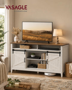VASAGLE Tall Farmhouse TV Stand, Entertainment Center with Barn Doors, Storage Media Console Table for Living Room, 58.3 x 15.7 x 31.9 Inch, Rustic White and Honey Brown, LIRY Collection ULTV031W101S