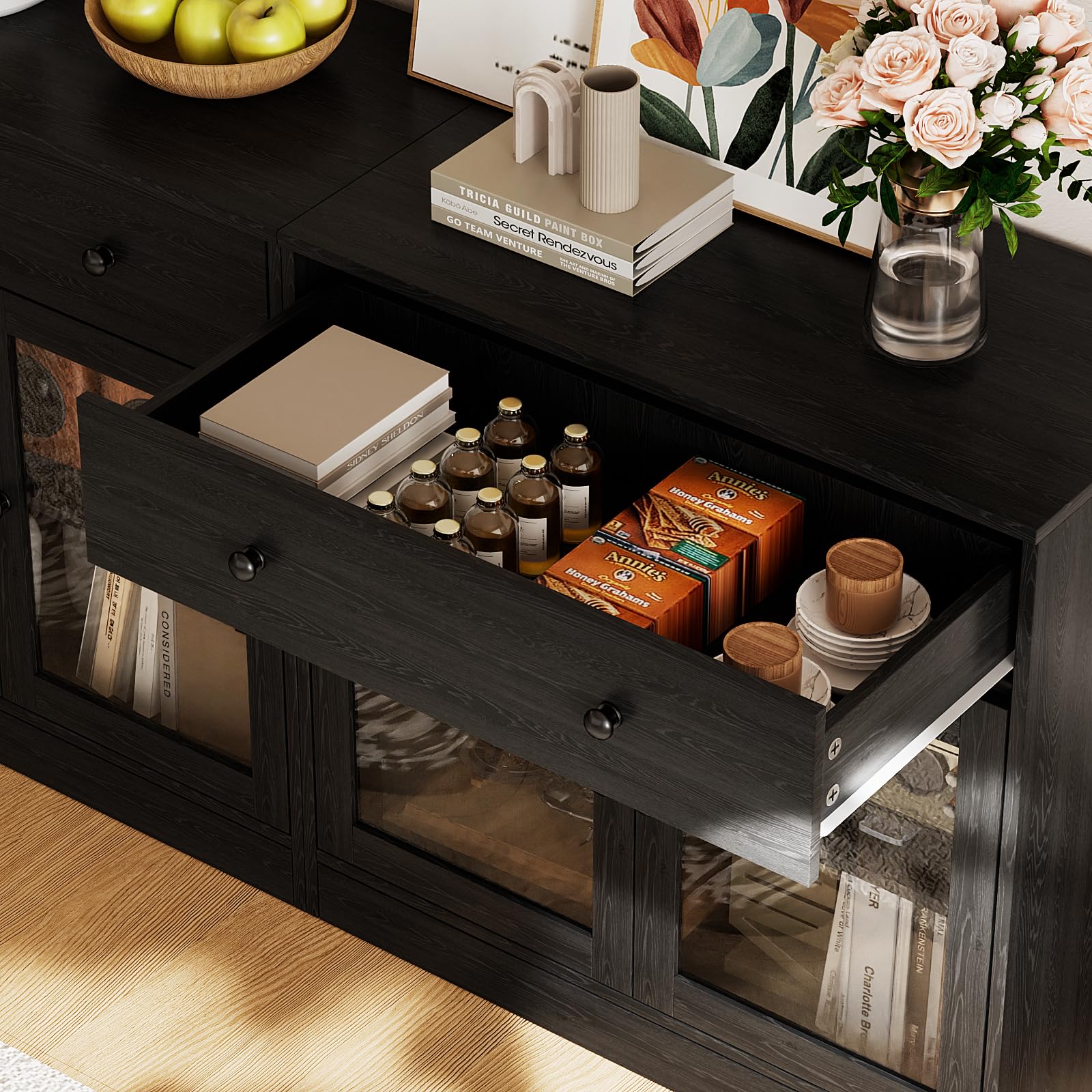 TUSY 71" Large TV Stand Set - TV Entertainment Center for TVs up to 65", Media Center with Tempered Glass Doors and Drawer, TV Hutch with Bookshelves for Living Room (White, BDDB)