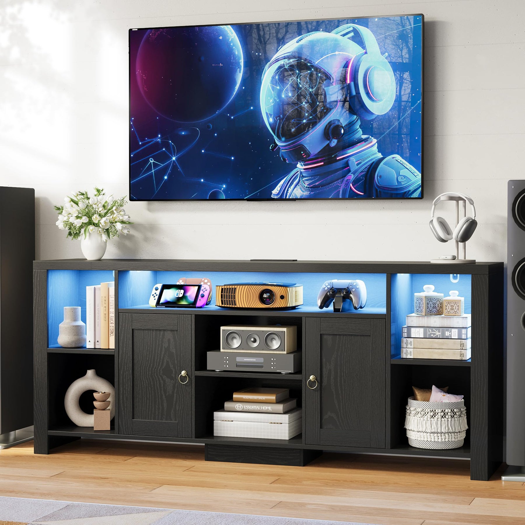 LIKIMIO 70" TV Stand for TVs up to 80", LED Entertainment Center, Black