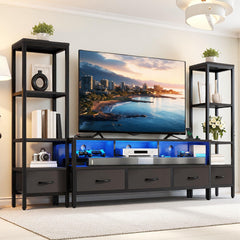 DWVO Industrial LED TV Stand for 65 Inch TVs, Entertainment Center with 2 4-Tier Bookshelves & Power Outlets, Media Console Table with 5 Drawers & Open Storage for Living Room, Grey