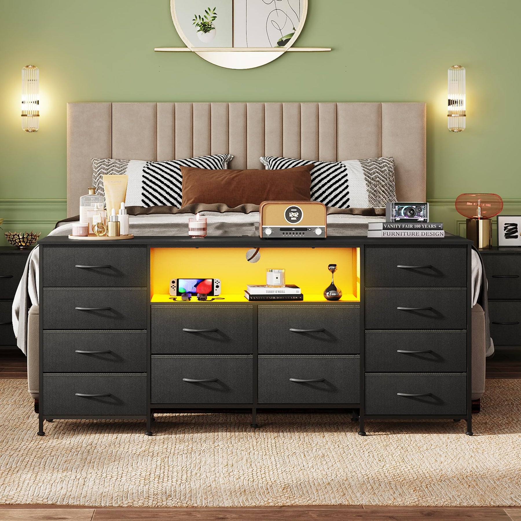 WLIVE LED Dresser TV Stand for 65 Inch TV, 8 Drawers, Rustic Brown