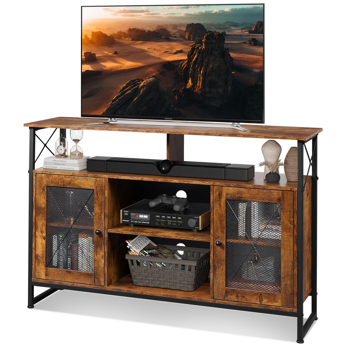 WLIVE TV Stand 55 inch TV, Tall Entertainment Center with Storage, Farmhouse Industrial TV Console for Bedroom Living Room, Rustic Brown