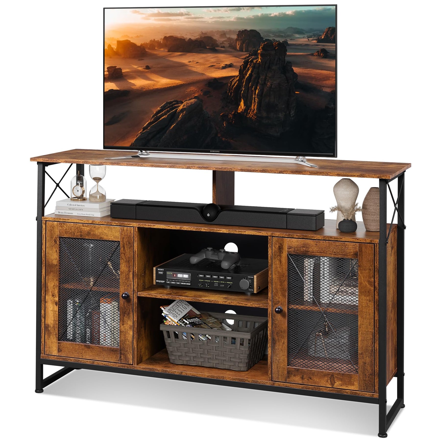 WLIVE TV Stand 55 inch TV, Tall Entertainment Center with Storage, Farmhouse Industrial TV Console for Bedroom Living Room, Rustic Brown