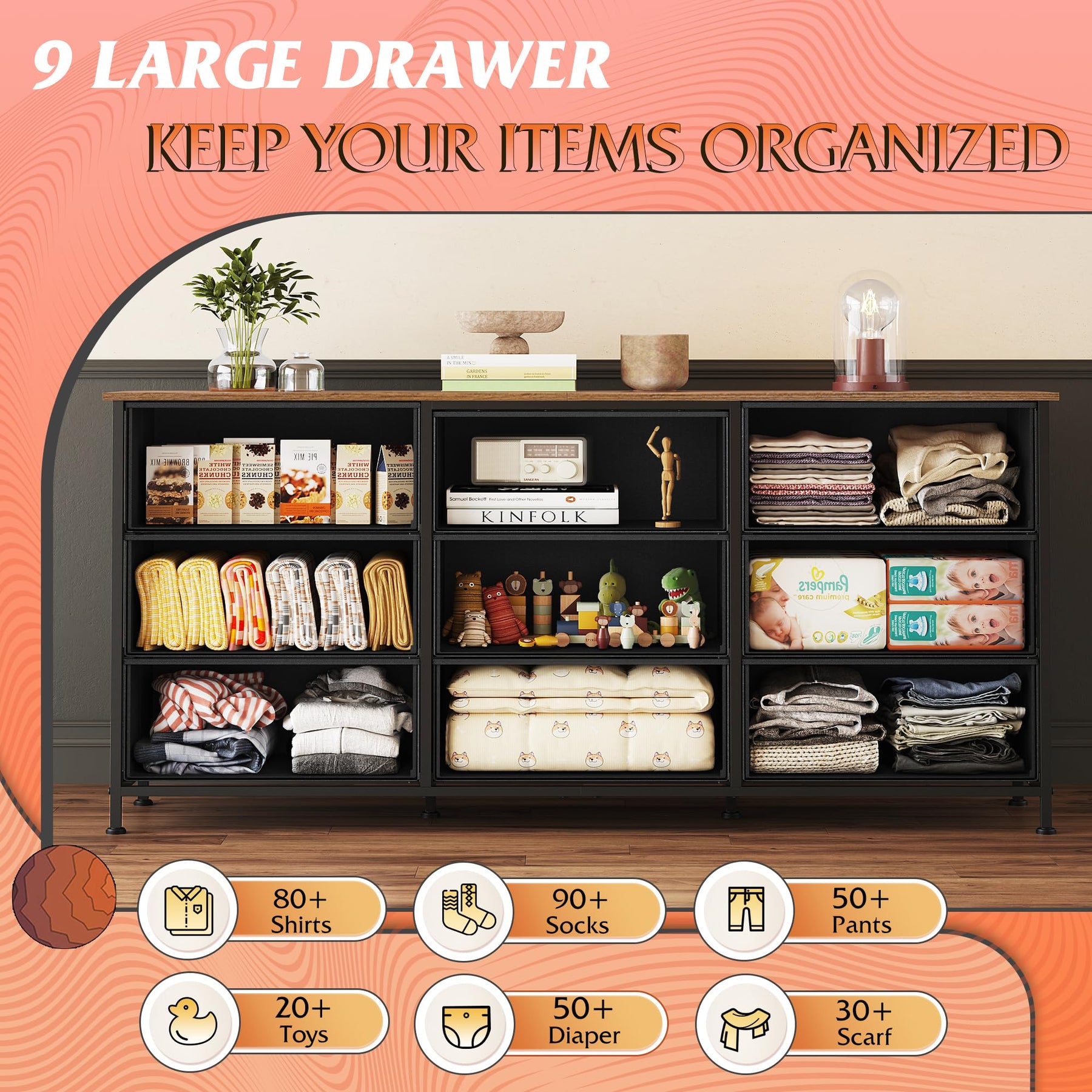 WLIVE Dresser TV Stand for 75 Inch TV, 9 Drawer Dresser for Bedroom, Black