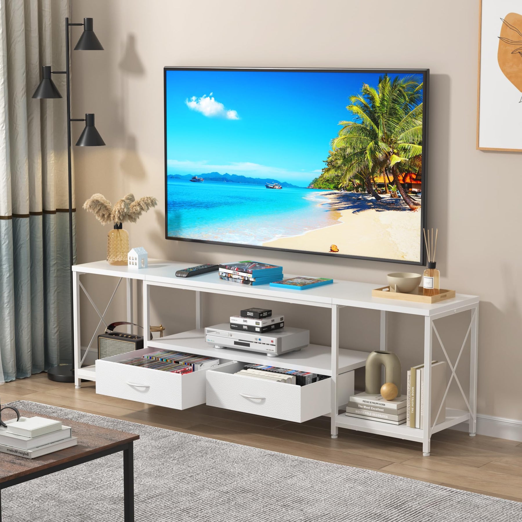 GYIIYUO TV Stand with Fabric Drawer - Entertainment Center and Industrial TV Console Table with Open Storage Shelves for Living Room, Bedroom - 55.1" Rustic Brown