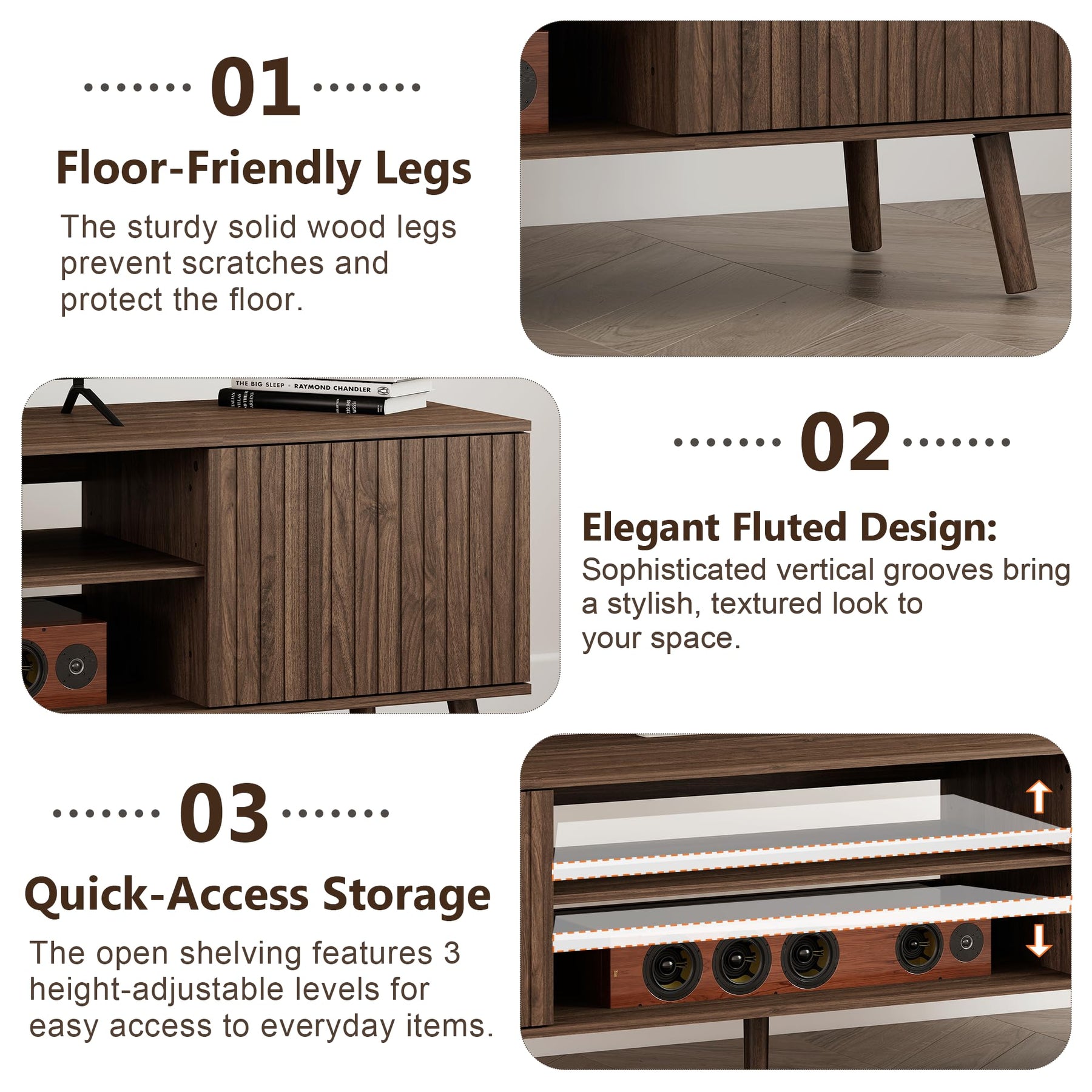 YOSHOOT 63" TV Stand for Living Room, Mid Century Modern Entertainment Center with Power Outlet Fit TVs Up to 70 inch, Fluted Media Console with Open Shelves and Storage Cabinets for Bedroom, Natural