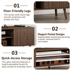 YOSHOOT 63" TV Stand for Living Room, Mid Century Modern Entertainment Center with Power Outlet Fit TVs Up to 70 inch, Fluted Media Console with Open Shelves and Storage Cabinets for Bedroom, Natural